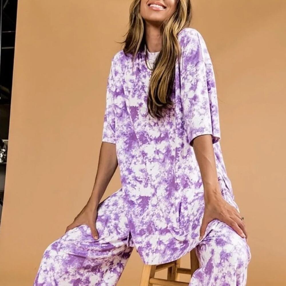 Dressed in Lala Lex Ribbed Top Cosmic Purple Tunic Longline Tie Dye SZ L